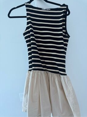 Mango Black and Cream Striped Mini Dress
